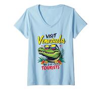 Womens Visit Venezuela We Live from Tourists Crocodile Funny Joke V-Neck T-Shirt