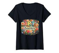 Women's Visual Arts Educator Floral Flowers Abstract Art Teacher V-Neck T-Shirt