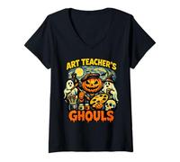 Women's Visual Arts Pumpkin Artist Palette Halloween Art Teacher V-Neck T-Shirt
