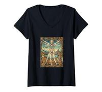Women's Vitruvian Man Da Vinci Geometry Science Dark Academia V-Neck T-Shirt