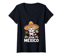 Womens Viva Mexico Cute Cat Sombrero Flag Mexican Pride V-Neck T-Shirt