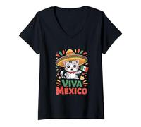 Womens Viva Mexico Cute Cat Sombrero Mexican Flag Independence Day V-Neck T-Shirt