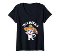 Womens Viva México Cute Cat with Sombrero and Flag V-Neck T-Shirt