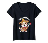 Womens Viva Mexico Cute Sombrero Dog with Flag Poncho V-Neck T-Shirt