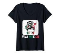 Womens Viva Mexico Messy Bun Mexican Women Mexican Pride Girl V-Neck T-Shirt