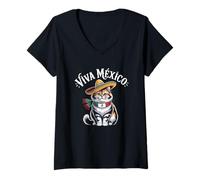 Womens Viva Mexico Mexican Flag Cat Independence Day for Girls Boys V-Neck T-Shirt