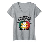 Womens Viva Mexico Pumpkin Mexican Halloween Dia de Los Muertos V-Neck T-Shirt