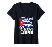 Women's Viva Mi Cuba Libre Waving Cuban Flag Pride V-Neck T-Shirt