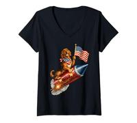 Women's Vizsla Fourth of July 4th American Flag Fireworks Cute V-Neck T-Shirt