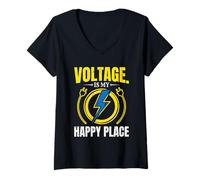 Women's Voltage is My Happy Place Electrician Lightning V-Neck T-Shirt