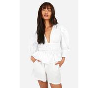 Womens Volume Sleeve Tie Back Cotton Poplin Top - White - 6, White