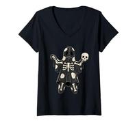 Womens Voodoo Stitched Rag Doll Skeleton Skull Kawaii Goth V-Neck T-Shirt
