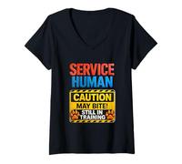 Women's Wa rning Sign Service-Human Caution May Bite Dog Training V-Neck T-Shirt