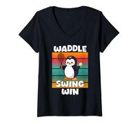 Women's Waddle Swing Win Penguin Playing Tennis Animal Player V-Neck T-Shirt