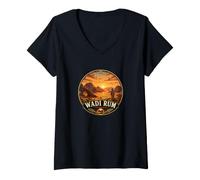 Women's Wadi Rum Desert Landscape with Sunset and Camel Nomads V-Neck T-Shirt