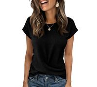 Women's Waffle Knit Top Short Sleeve Crew Neck Blouse Casual Summer Spring T-Shirt Batwing Sleeve Twist Front Hem Fitted Loose Basic Soft Stretch Trendy Shirts UK Black