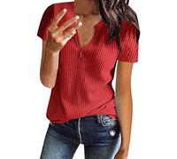 Women's Waffle Knit Tops Short Sleeve V Neck T Shirts Solid Color Tunic Top Plus Size Ladies Casual Summer Blouse Comfy Tops for Work Office T-Shirt UK Clearance