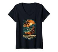 Womens Waianapanapa Sunset Shirt Black Sand Golden Glow V-Neck T-Shirt