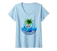 Womens Waikiki Beach Hawaii Palm Tree Wave Design V-Neck T-Shirt