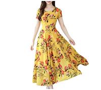 Women's Waist Dress - Short Sleeve Midi Summer Dresses for Women UK - Casual Summer Midi Dress Size 20 Summer Dress Holiday Dresses for Beach Flower Dress Summer Floaty Dress Size 18 Yellow