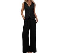 Womens Waistcoat and Trouser Set Suits 2 Piece Set V Neck Sleeveless Button Vest Wide Leg Trouser Blazer Suit Matching Sets Linen Pants Business Suit Black M
