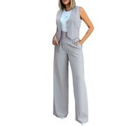 Womens Waistcoat and Trouser Set Suits Two-Piece Set V Neck Sleeveless Button Vest Wide Leg Trouser 2 Piece Blazer Suit Summer Pants Set Business Suit Grey