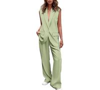 Womens Waistcoat and Trouser Set,Summer Airport Outfit Business Casual Outfits Sets Loose Solid Open Front Botton Blazer Vests and Wide Leg Pants Suits Set Work Office Pants Suits Sets UK Mint Green