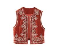 Women's Waistcoats Vintage Floral Embroidered Crop Vest Casual National Style Open Front Sleeveless Cardigan Outerwear Gilet Streetwear