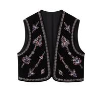 Women's Waistcoats Vintage Floral Embroidered Crop Vest Casual National Style Open Front Sleeveless Cardigan Outerwear Gilet Streetwear