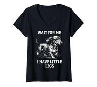 Women's Wait for Me I Have Little Legs Etched Dachshund V-Neck T-Shirt