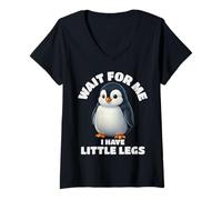 Women's Wait for Me I Have Little Legs Funny Cute Penguin Graphic V-Neck T-Shirt