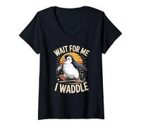 Women's Wait for Me I Waddle Penguin Walking Humor V-Neck T-Shirt
