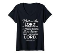 Womens Wait On The Lord Psalm 27:14 Bible Verse Scripture Courage V-Neck T-Shirt