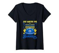 Womens Waiting for Hanukkah Jewish Hat Menorah Matching Family V-Neck T-Shirt