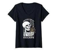 Womens Waiting for My Soulmate Skeleton Funny Halloween Love V-Neck T-Shirt