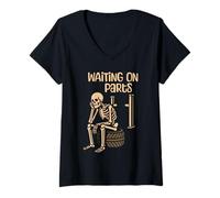 Womens Waiting On Parts Funny Skeleton Auto Mechanic Technician V-Neck T-Shirt