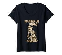Womens Waiting On Parts Funny Skeleton Boat Owner & Mechanic Humor V-Neck T-Shirt