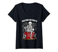 Women's Waiting on Parts Skeleton Mechanic Car Guy Coffee Lover V-Neck T-Shirt