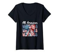Women's Waitress Costume American 4th of July US Flag Bow Tie V-Neck T-Shirt