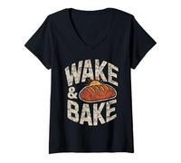 Womens Wake and Bake Vintage Bread Lover Baking Sourdough Baker V-Neck T-Shirt