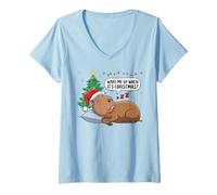 Womens Wake Me Up When It's Christmas Capybara Animal Sleeping V-Neck T-Shirt