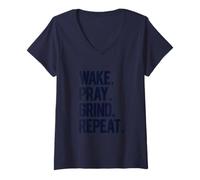 Womens Wake Pray Grind Repeat Bold Motivational Hustle Black Text V-Neck T-Shirt
