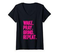 Womens Wake Pray Grind Repeat Bold Motivational Hustle Fuchsia Text V-Neck T-Shirt