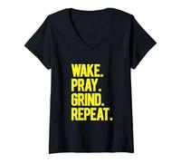Womens Wake Pray Grind Repeat Bold Motivational Hustle Yellow Text V-Neck T-Shirt