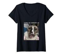 Womens Wake up cat meme funny brainrot cat meme locked in design V-Neck T-Shirt