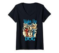 Women's Wake Up Dog Lover Canine Collage Pop Art Graphic V-Neck T-Shirt
