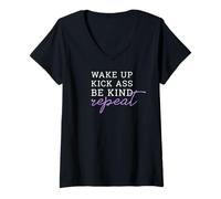 Womens Wake Up Kick Ass Be Kind Repeat V-Neck T-Shirt