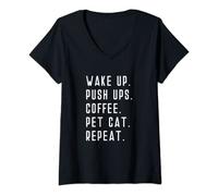 Womens Wake Up Push Ups Coffee Pet Cat Repeat Cardio Exercise V-Neck T-Shirt