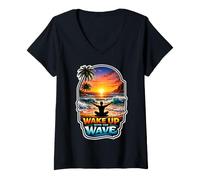 Women's Wake Up with The Wave Sunrise Meditating V-Neck T-Shirt