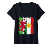 Womens Wales Kurdistan Half Flag Welsh Kurdish Heritage Jersey V-Neck T-Shirt